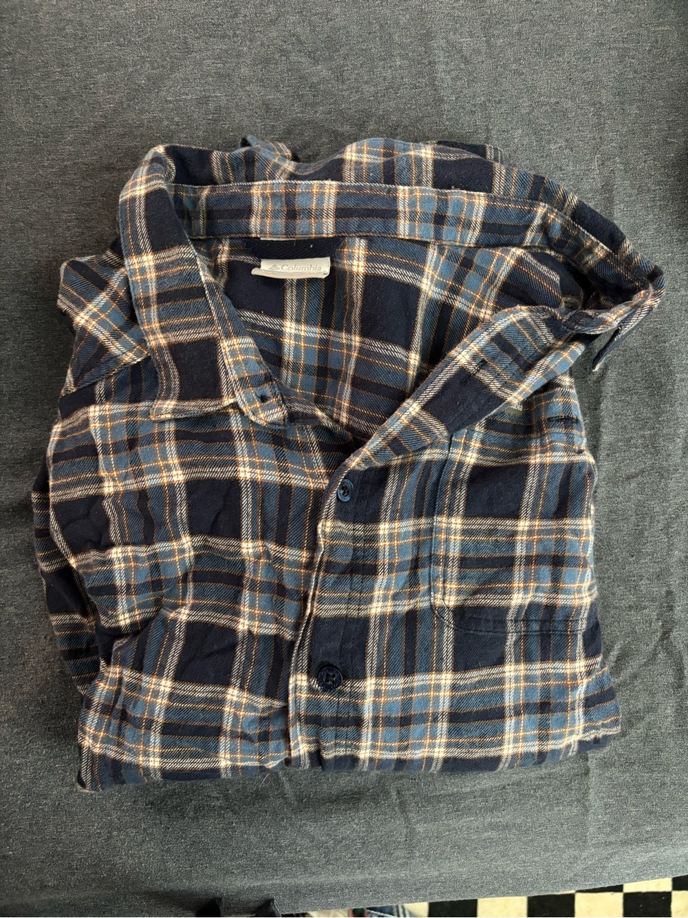 Columbia Navy Blue and Tan Plaid Button-Down Shirt
